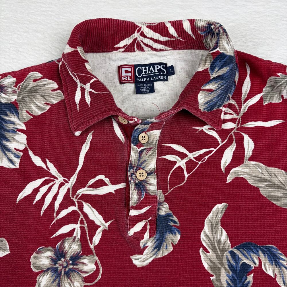 Chaps Ralph Lauren Men’s L Hawaiian Polo Shirt Red Floral Tropical Vintage